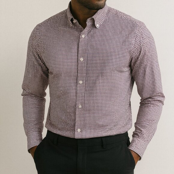 Calvin Klein Men's Button Down Shirt Sz M,15.5 32/33 Burgundy Checkered Non Iron - Picture 2 of 10